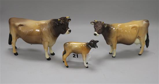 A Beswick Jersey cattle family, comprising bull 1422, cow 1345 and calf 1249D, gloss